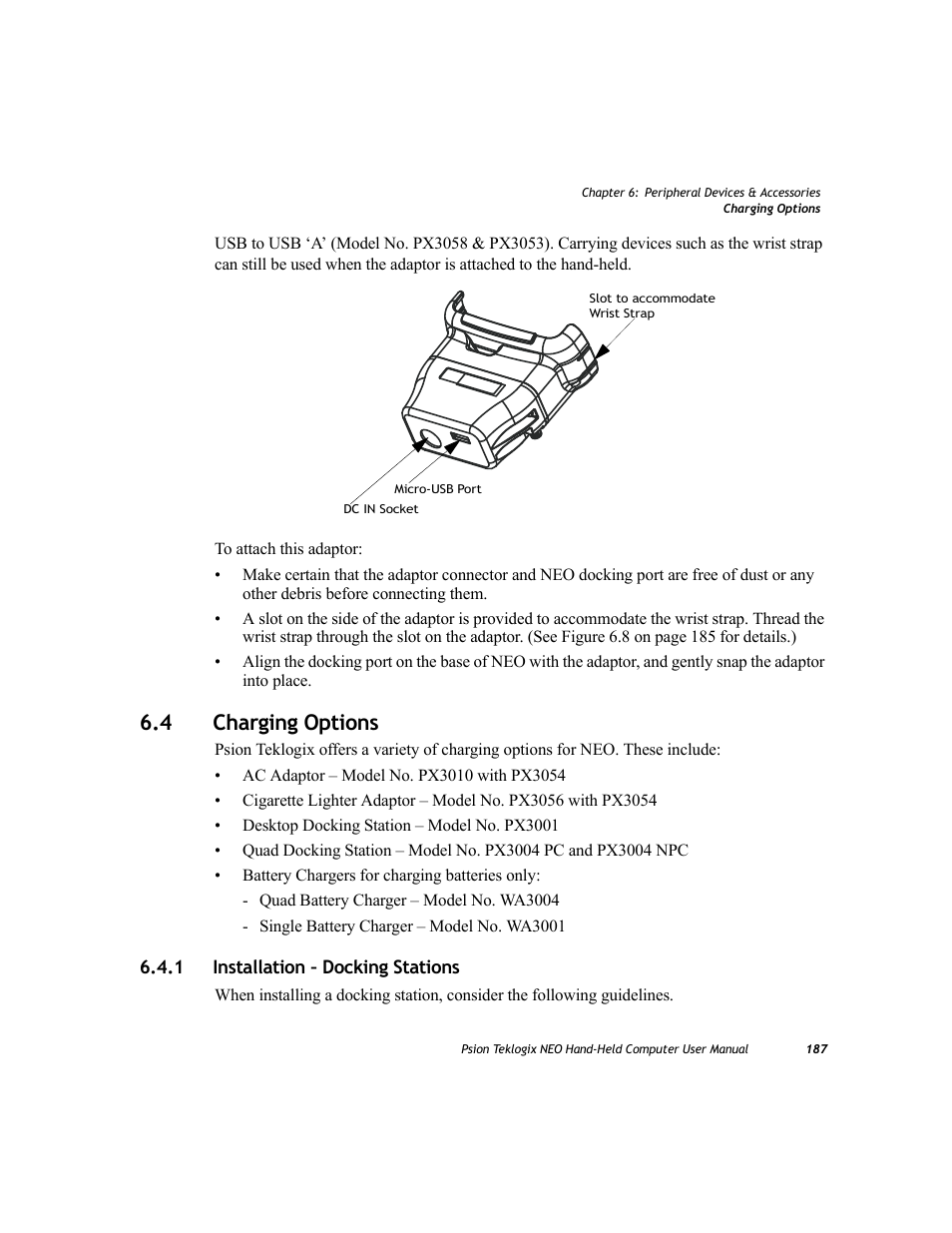 4 charging options, 1 installation – docking stations, Charging options 6.4.1 | Installation – docking stations | Psion Teklogix NEO PX750 User Manual | Page 199 / 238