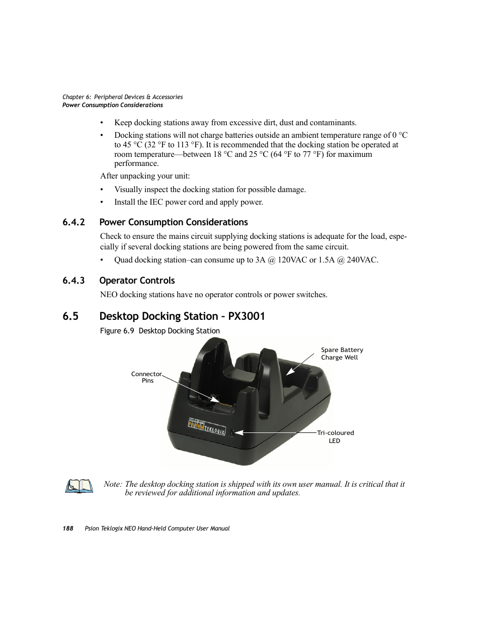 2 power consumption considerations, 3 operator controls, 5 desktop docking station – px3001 | Power consumption considerations, Operator controls, Desktop docking station – px3001 | Psion Teklogix NEO PX750 User Manual | Page 200 / 238