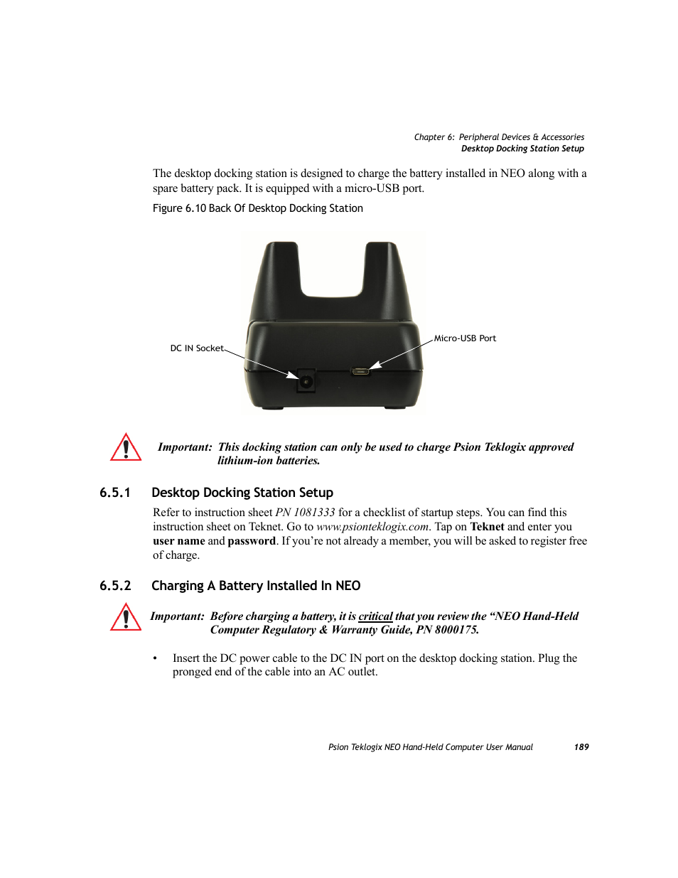 1 desktop docking station setup, 2 charging a battery installed in neo, Desktop docking station setup | Charging a battery installed in neo | Psion Teklogix NEO PX750 User Manual | Page 201 / 238