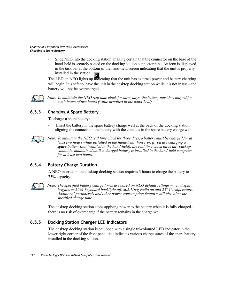 3 charging a spare battery, 4 battery charge duration, 5 docking station charger led indicators | Charging a spare battery, Battery charge duration, Docking station charger led indicators | Psion Teklogix NEO PX750 User Manual | Page 202 / 238