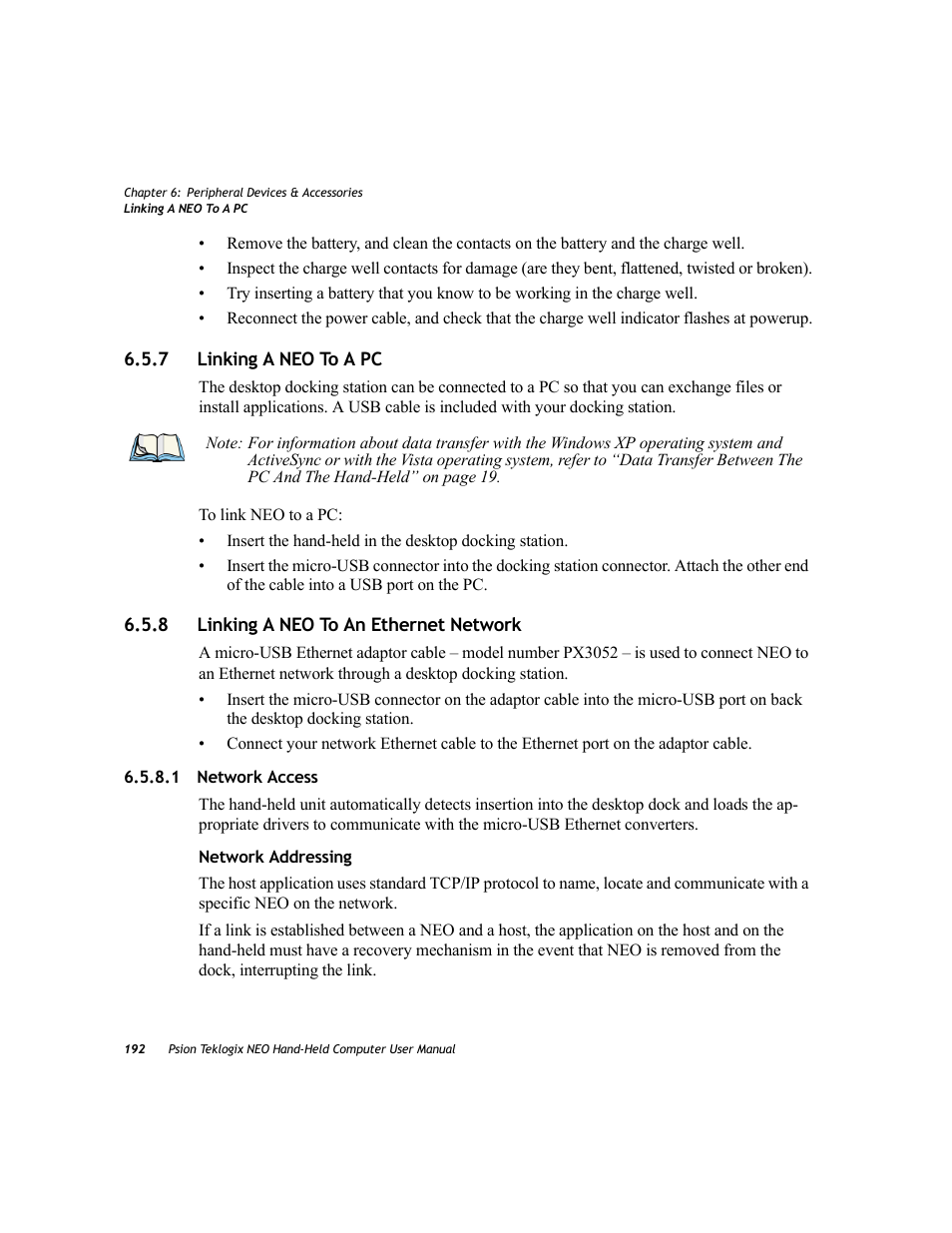 7 linking a neo to a pc, 8 linking a neo to an ethernet network, 1 network access | Linking a neo to a pc, Linking a neo to an ethernet network 6.5.8.1, Network access | Psion Teklogix NEO PX750 User Manual | Page 204 / 238