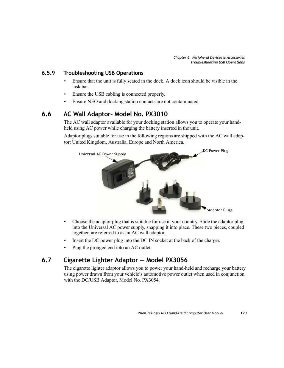 9 troubleshooting usb operations, 6 ac wall adaptor– model no. px3010, 7 cigarette lighter adaptor — model px3056 | Troubleshooting usb operations, Ac wall adaptor– model no. px3010, Cigarette lighter adaptor — model px3056 | Psion Teklogix NEO PX750 User Manual | Page 205 / 238