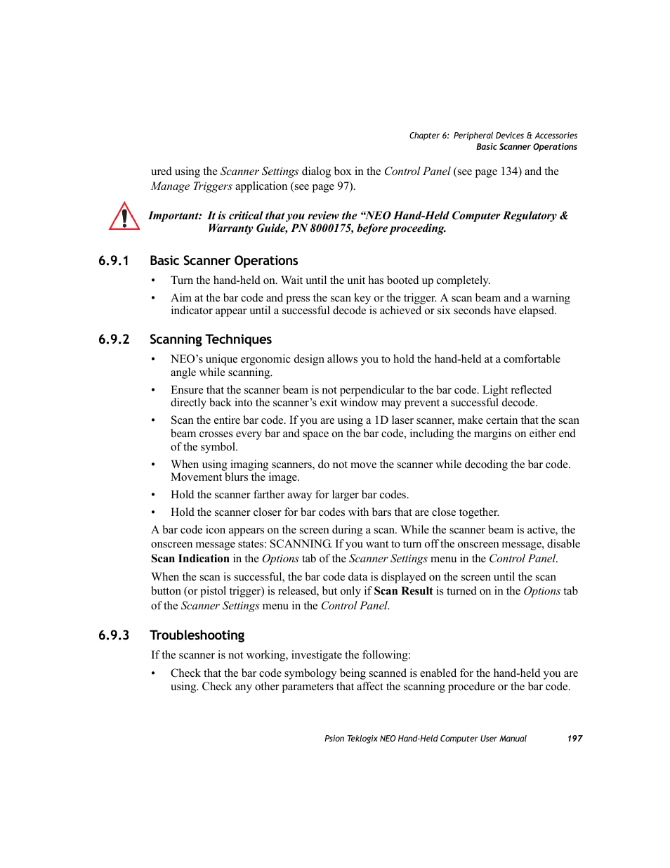 1 basic scanner operations, 2 scanning techniques, 3 troubleshooting | Basic scanner operations, Scanning techniques, Troubleshooting | Psion Teklogix NEO PX750 User Manual | Page 209 / 238