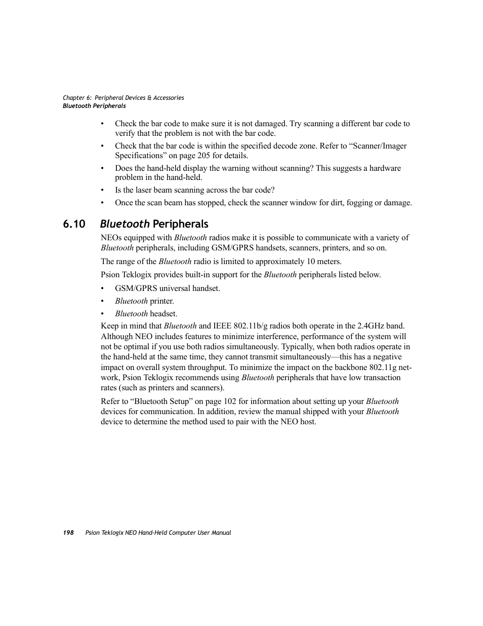 10 bluetooth peripherals, Bluetooth | Psion Teklogix NEO PX750 User Manual | Page 210 / 238