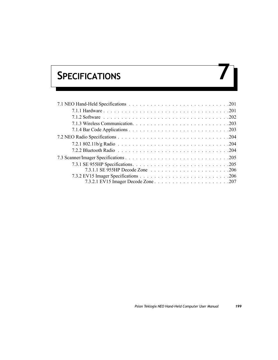 Specifications 7, Chapter 7: specifications, Pecifications | Psion Teklogix NEO PX750 User Manual | Page 211 / 238