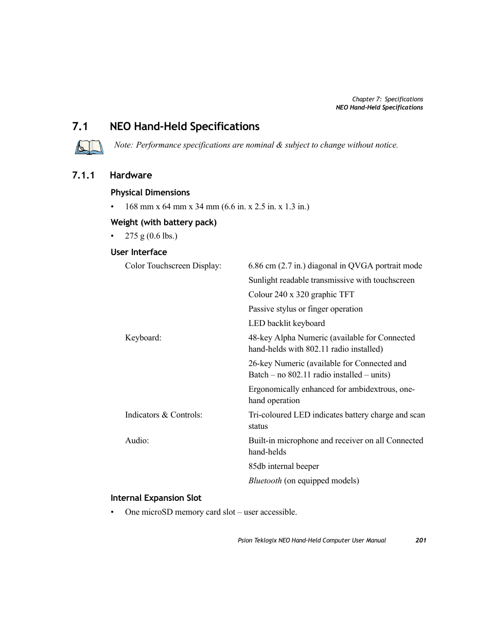 1 neo hand-held specifications, 1 hardware, Neo hand-held specifications 7.1.1 | Hardware | Psion Teklogix NEO PX750 User Manual | Page 213 / 238