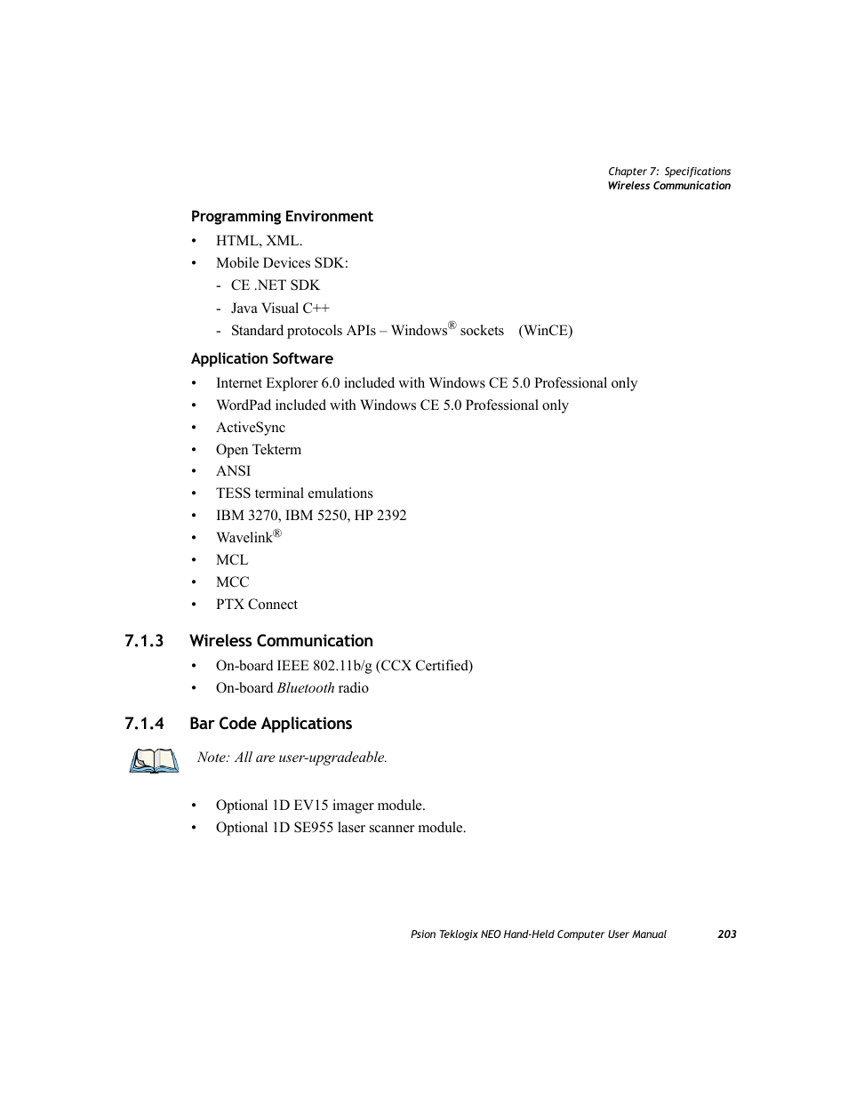 3 wireless communication, 4 bar code applications, Wireless communication | Bar code applications | Psion Teklogix NEO PX750 User Manual | Page 215 / 238