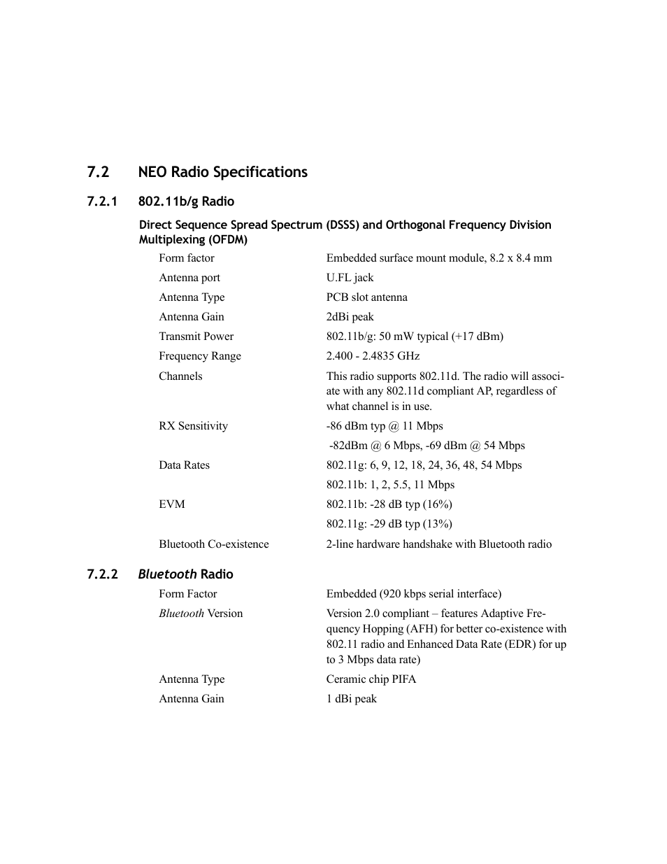 2 neo radio specifications, 1 802.11b/g radio, 2 bluetooth radio | Neo radio specifications 7.2.1, 11b/g radio, Bluetooth, 1 802.11b/g radio 7.2.2 bluetooth radio | Psion Teklogix NEO PX750 User Manual | Page 216 / 238