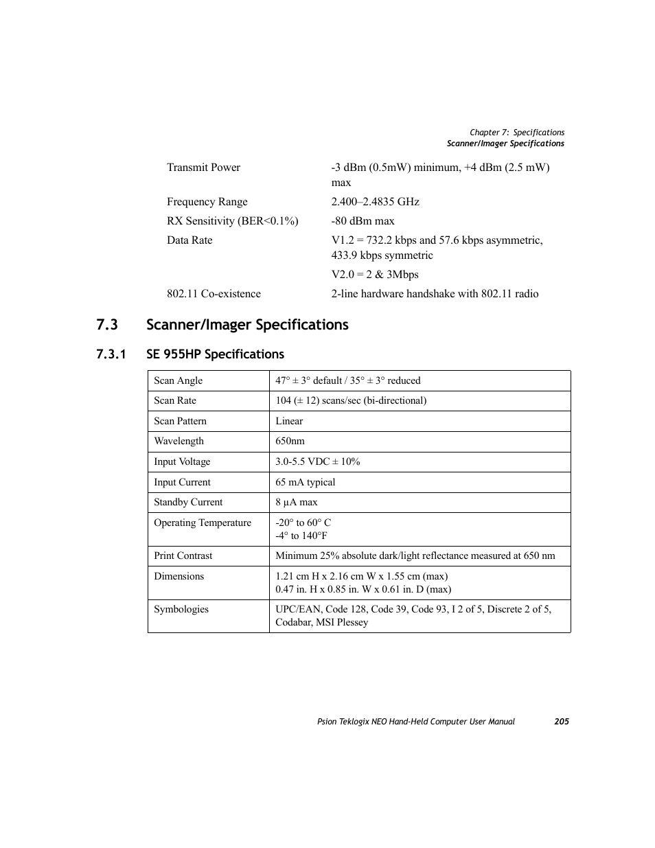 3 scanner/imager specifications, 1 se 955hp specifications, Scanner/imager specifications 7.3.1 | Se 955hp specifications | Psion Teklogix NEO PX750 User Manual | Page 217 / 238