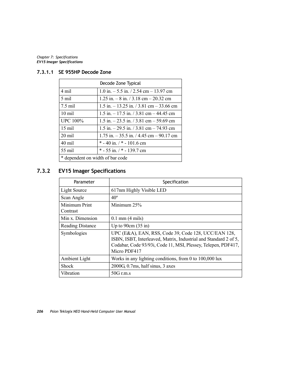 1 se 955hp decode zone, 2 ev15 imager specifications, Se 955hp decode zone | Ev15 imager specifications | Psion Teklogix NEO PX750 User Manual | Page 218 / 238