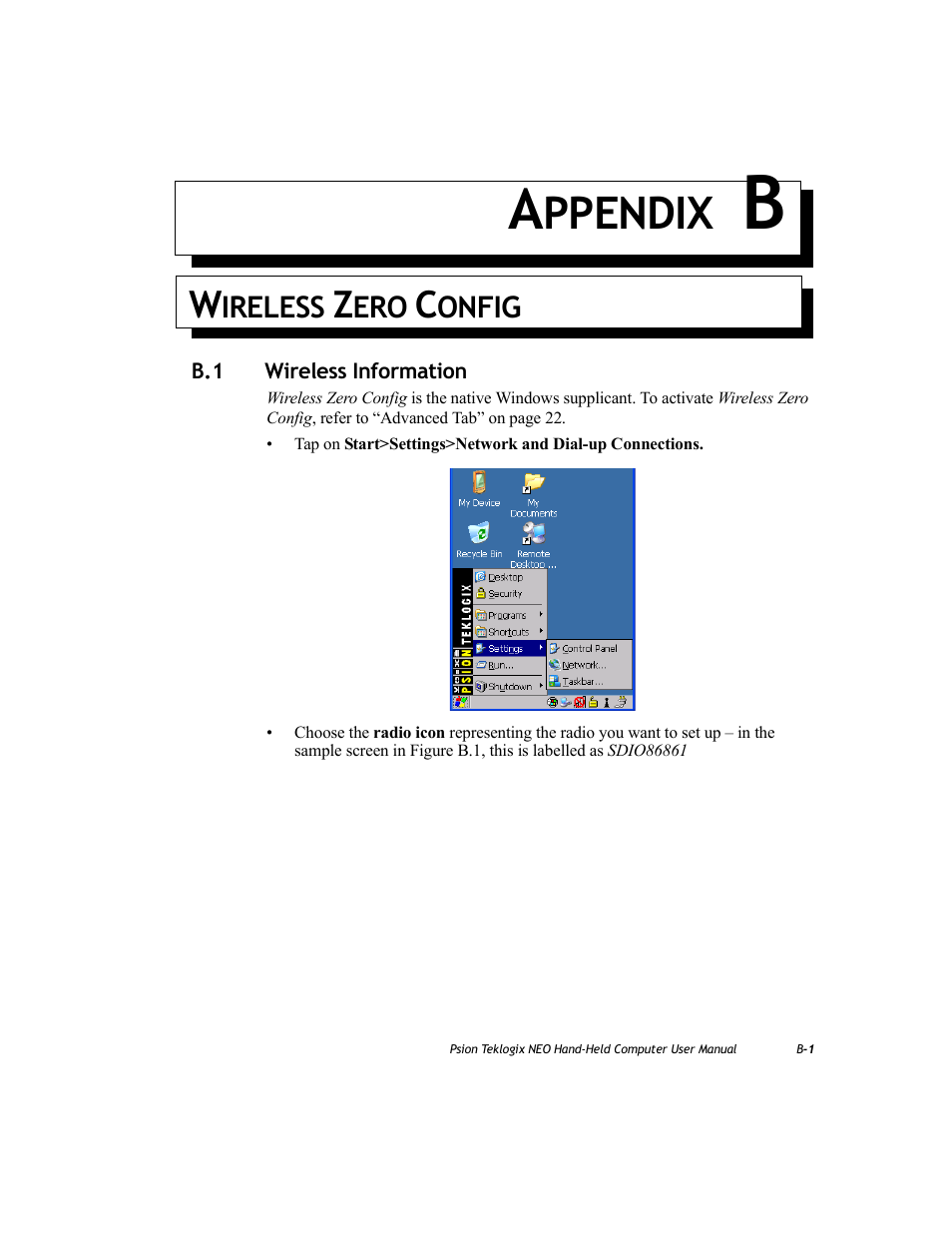 Appendix b: wireless zero config, B.1 wireless information, Ppendix | Psion Teklogix NEO PX750 User Manual | Page 223 / 238
