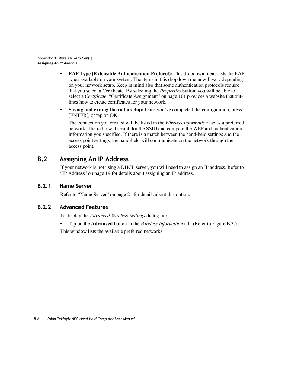 B.2 assigning an ip address, B.2.1 name server, B.2.2 advanced features | Psion Teklogix NEO PX750 User Manual | Page 228 / 238