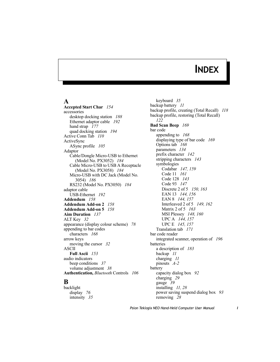 Index, Ndex | Psion Teklogix NEO PX750 User Manual | Page 231 / 238