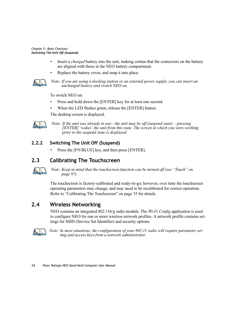 2 switching the unit off (suspend), 3 calibrating the touchscreen, 4 wireless networking | Switching the unit off (suspend), Calibrating the touchscreen, Wireless networking | Psion Teklogix NEO PX750 User Manual | Page 24 / 238