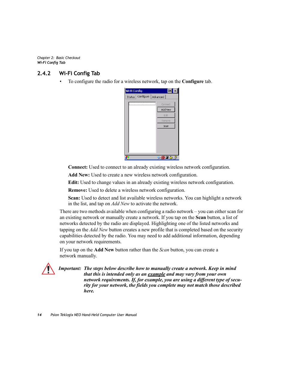 2 wi-fi config tab, Wi-fi config tab | Psion Teklogix NEO PX750 User Manual | Page 26 / 238