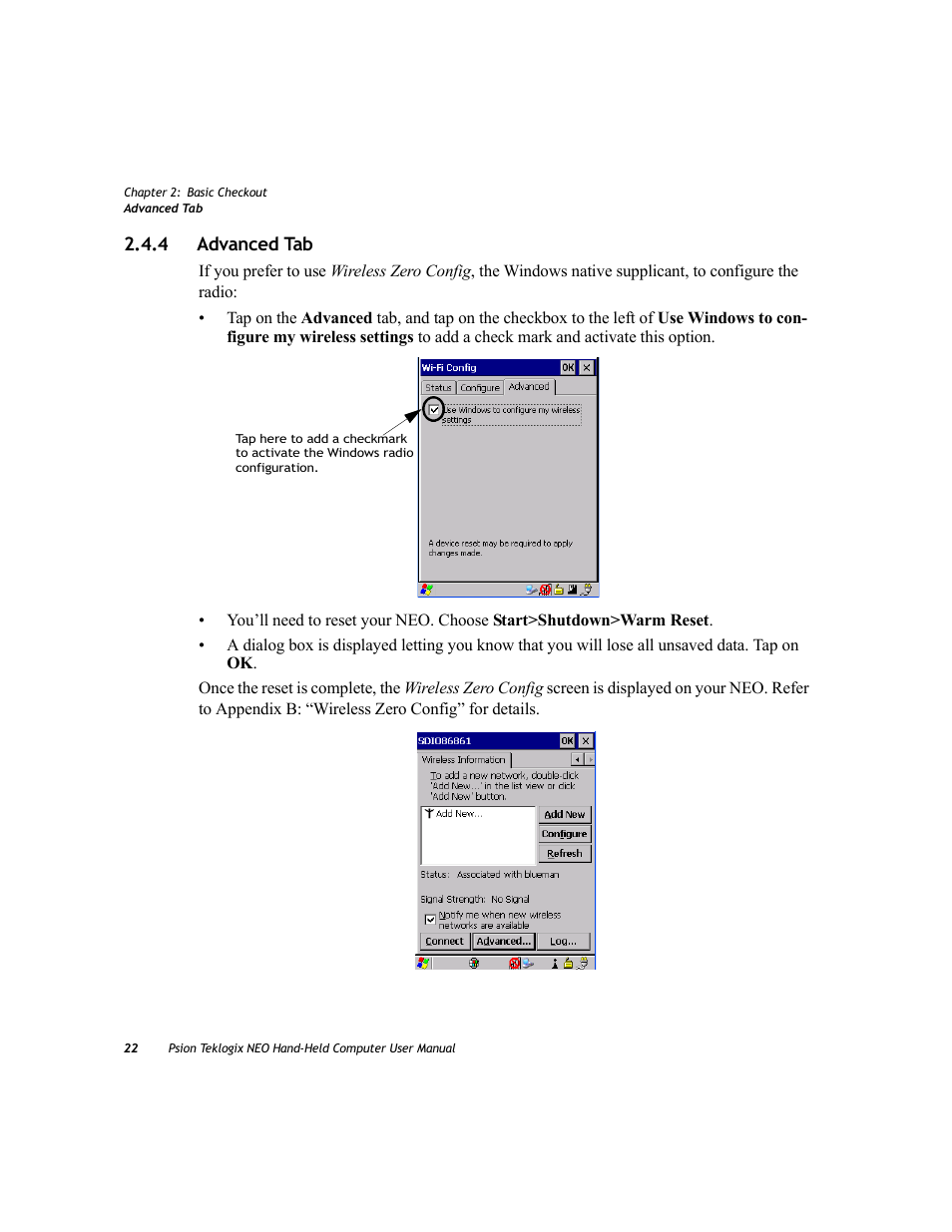 4 advanced tab, Advanced tab | Psion Teklogix NEO PX750 User Manual | Page 34 / 238