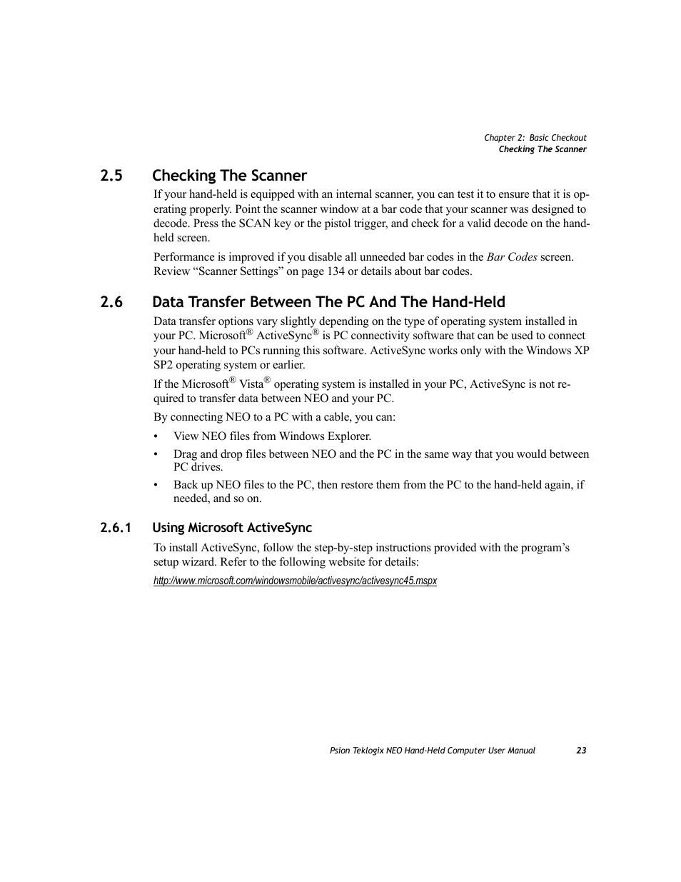 5 checking the scanner, 6 data transfer between the pc and the hand-held, 1 using microsoft activesync | Checking the scanner, Using microsoft activesync | Psion Teklogix NEO PX750 User Manual | Page 35 / 238