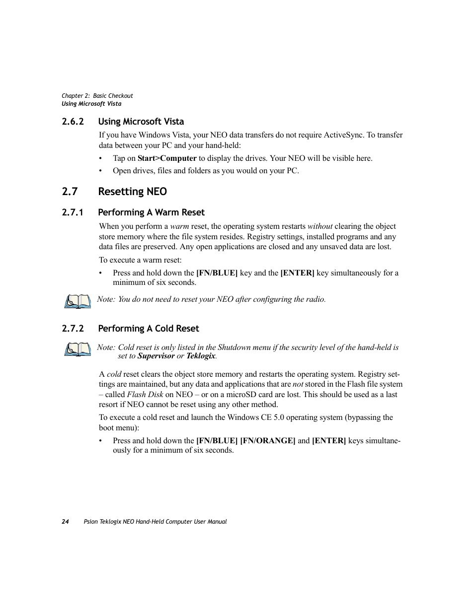 2 using microsoft vista, 7 resetting neo, 1 performing a warm reset | 2 performing a cold reset, Using microsoft vista, Resetting neo 2.7.1, Performing a warm reset, Performing a cold reset | Psion Teklogix NEO PX750 User Manual | Page 36 / 238