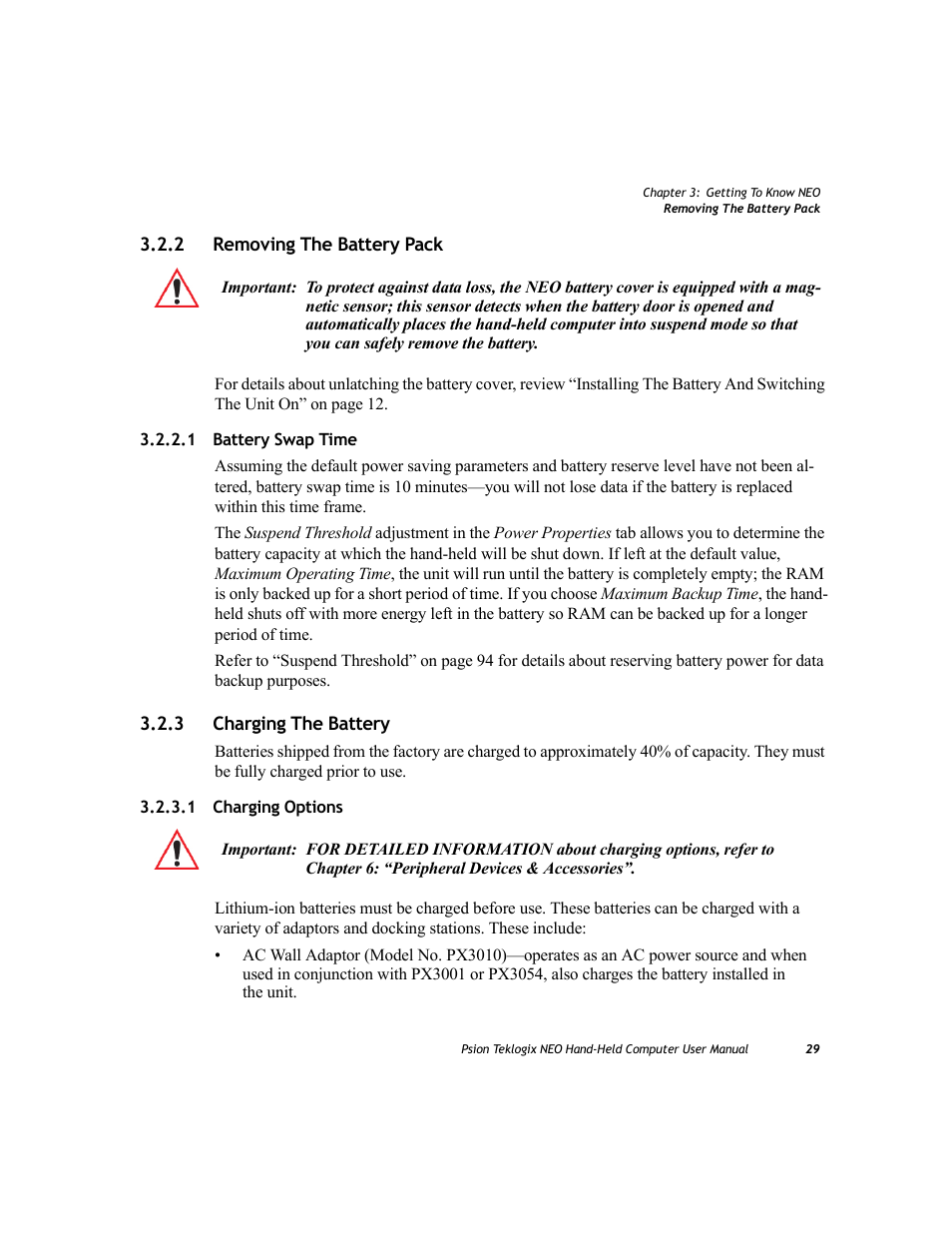 2 removing the battery pack, 1 battery swap time, 3 charging the battery | 1 charging options, Removing the battery pack 3.2.2.1, Battery swap time, Charging the battery 3.2.3.1, Charging options | Psion Teklogix NEO PX750 User Manual | Page 41 / 238