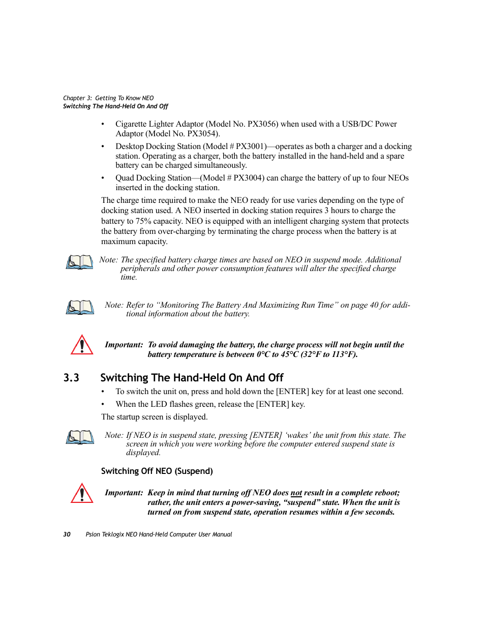 3 switching the hand-held on and off, Switching the hand-held on and off | Psion Teklogix NEO PX750 User Manual | Page 42 / 238