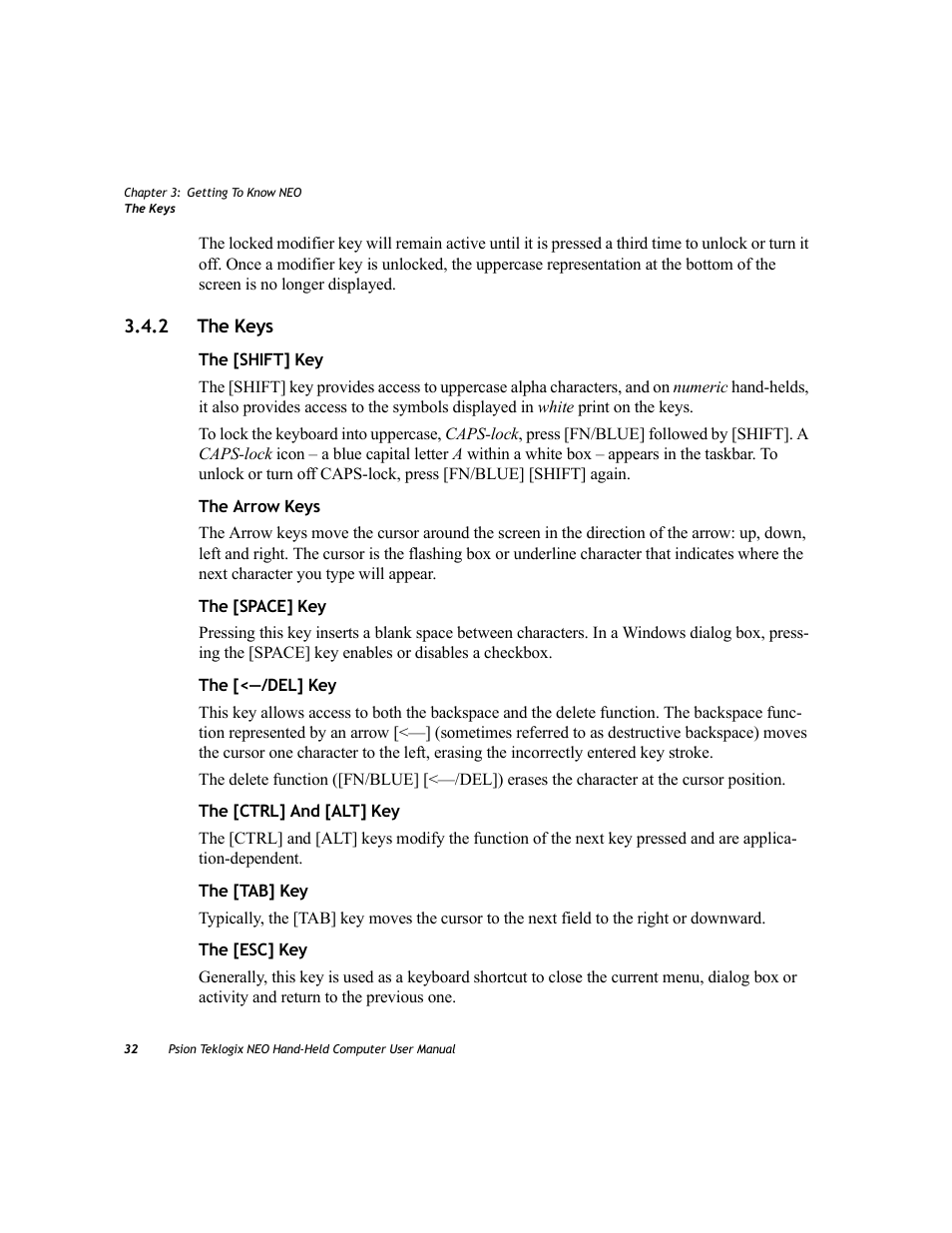2 the keys, The keys | Psion Teklogix NEO PX750 User Manual | Page 44 / 238