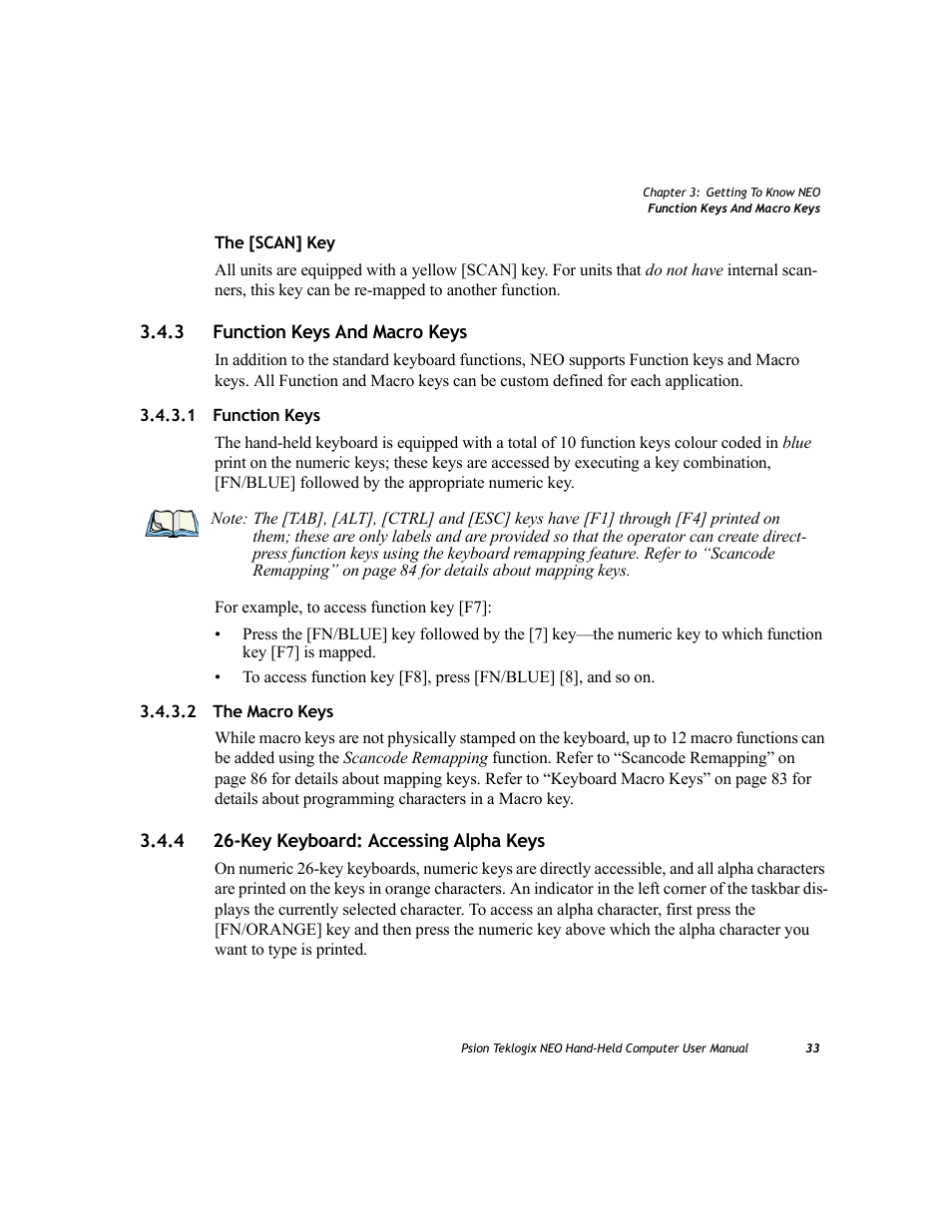 3 function keys and macro keys, 1 function keys, 2 the macro keys | 4 26-key keyboard: accessing alpha keys, Function keys and macro keys 3.4.3.1, Function keys, The macro keys, Key keyboard: accessing alpha keys | Psion Teklogix NEO PX750 User Manual | Page 45 / 238