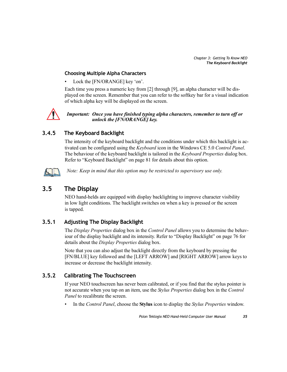 5 the keyboard backlight, 5 the display, 1 adjusting the display backlight | 2 calibrating the touchscreen, The keyboard backlight, The display 3.5.1, Adjusting the display backlight, Calibrating the touchscreen | Psion Teklogix NEO PX750 User Manual | Page 47 / 238