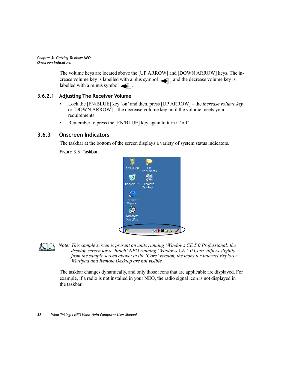 1 adjusting the receiver volume, 3 onscreen indicators, Adjusting the receiver volume | Onscreen indicators | Psion Teklogix NEO PX750 User Manual | Page 50 / 238