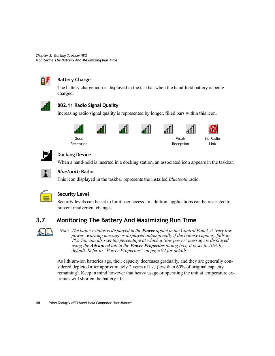 7 monitoring the battery and maximizing run time, Monitoring the battery and maximizing run time | Psion Teklogix NEO PX750 User Manual | Page 52 / 238