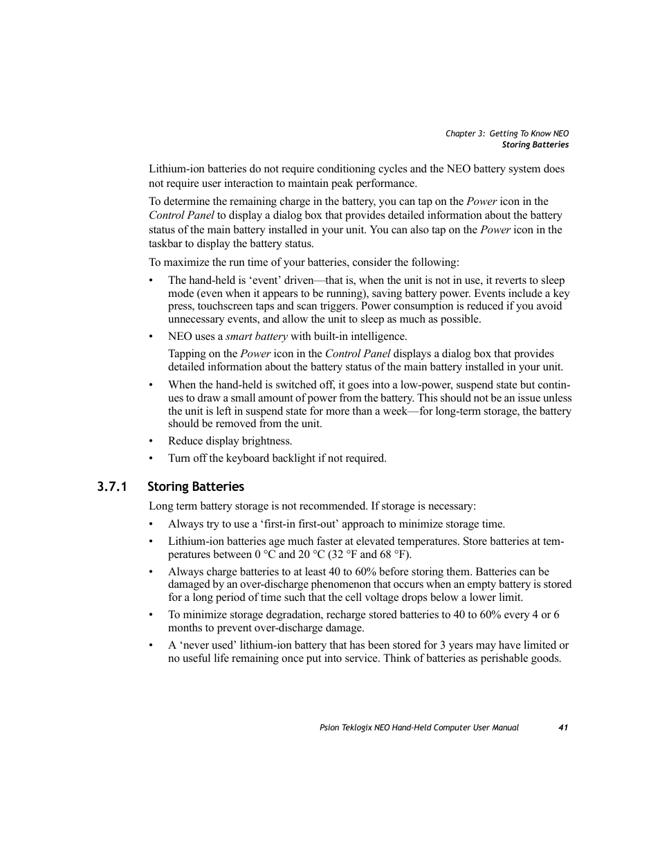 1 storing batteries, Storing batteries | Psion Teklogix NEO PX750 User Manual | Page 53 / 238