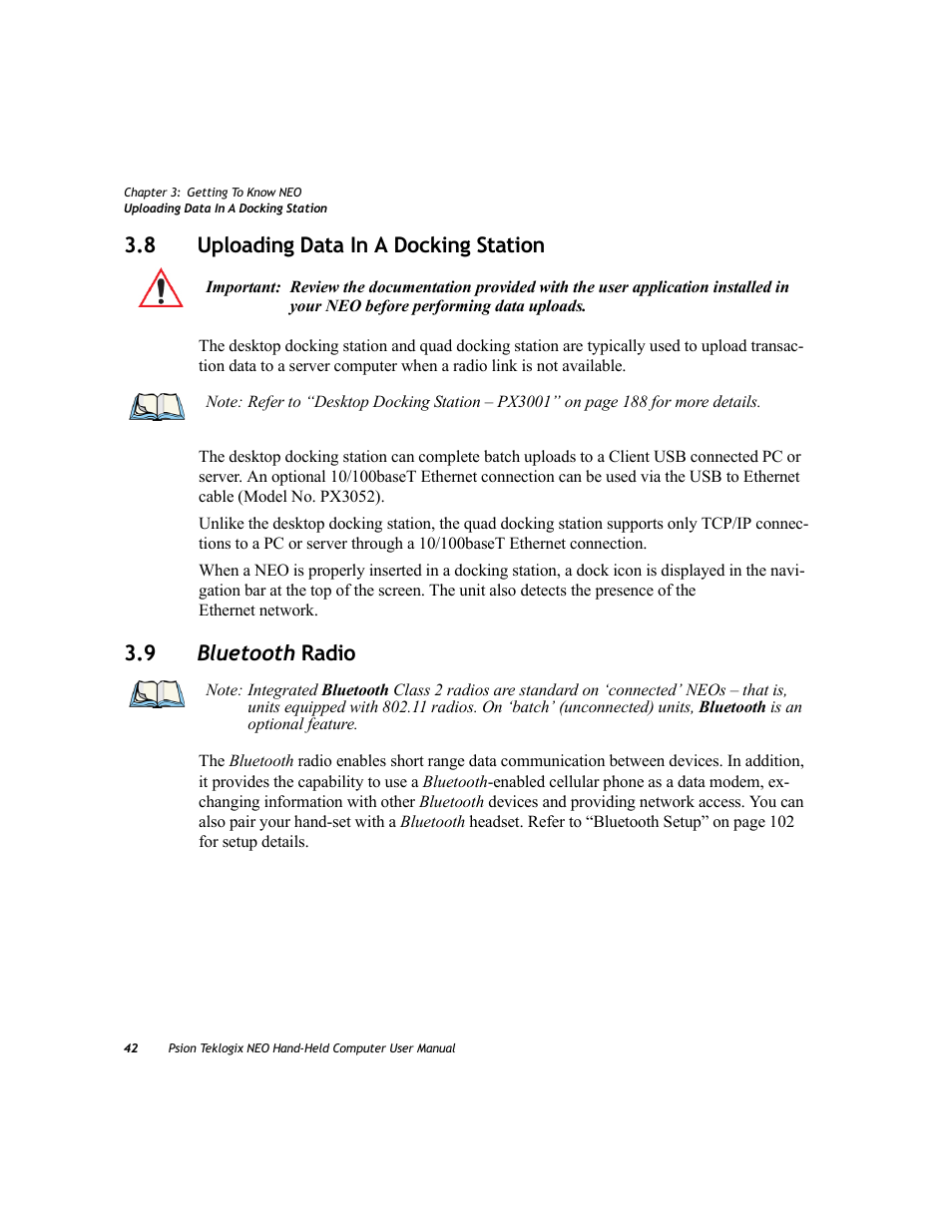 8 uploading data in a docking station, 9 bluetooth radio, Uploading data in a docking station | Bluetooth | Psion Teklogix NEO PX750 User Manual | Page 54 / 238