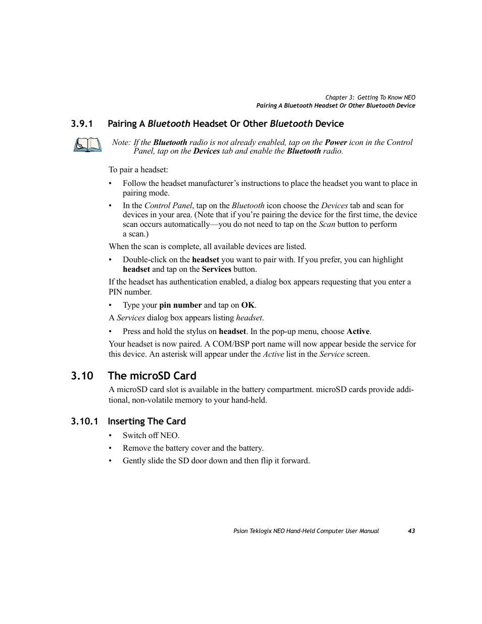 10 the microsd card, 1 inserting the card, Pairing a | Psion Teklogix NEO PX750 User Manual | Page 55 / 238