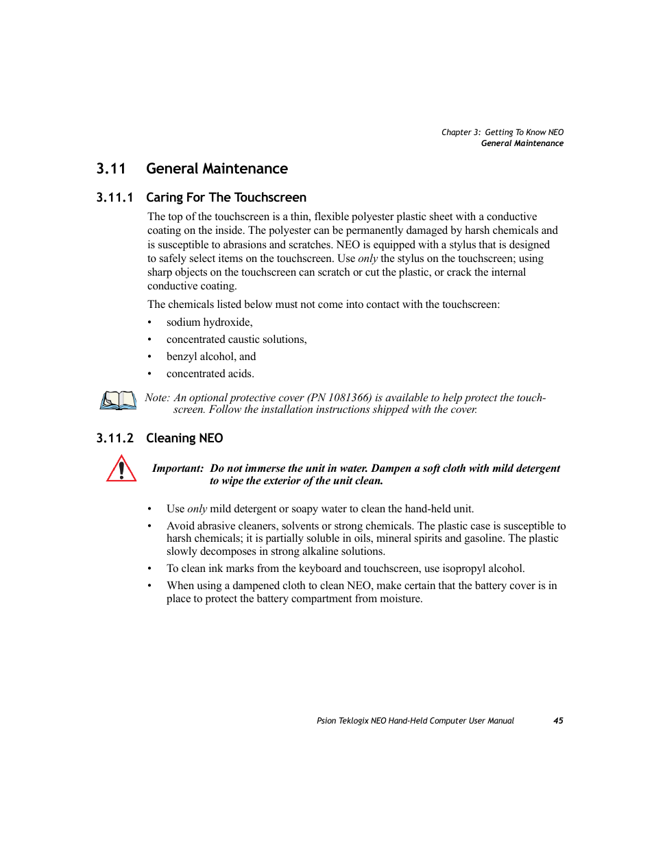 11 general maintenance, 1 caring for the touchscreen, 2 cleaning neo | Cleaning neo, 1 caring for the touchscreen 3.11.2 cleaning neo | Psion Teklogix NEO PX750 User Manual | Page 57 / 238