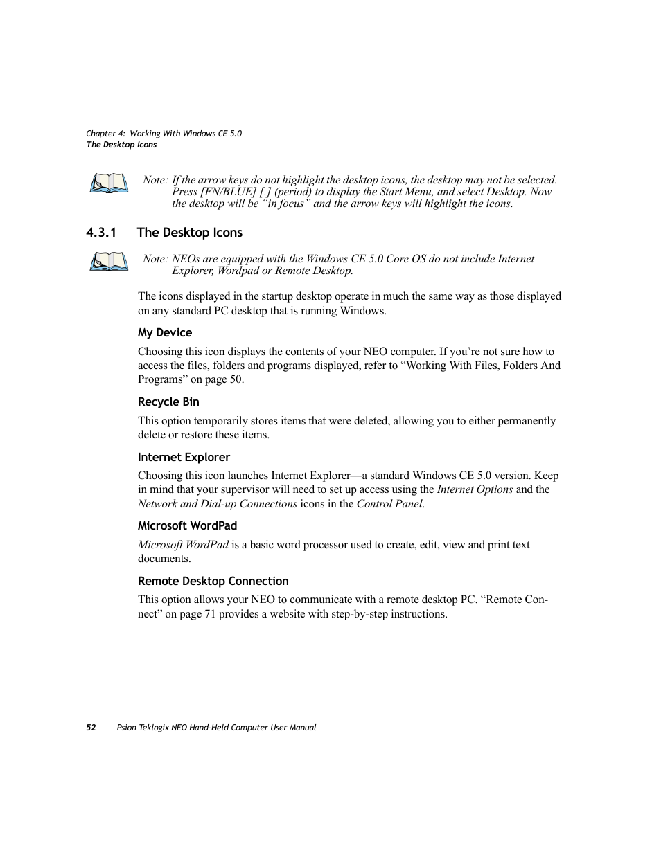 1 the desktop icons, The desktop icons | Psion Teklogix NEO PX750 User Manual | Page 64 / 238