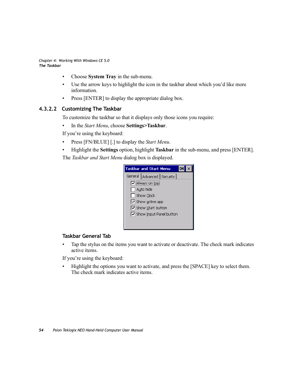 2 customizing the taskbar, Customizing the taskbar | Psion Teklogix NEO PX750 User Manual | Page 66 / 238