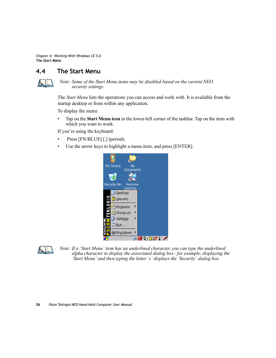 4 the start menu, The start menu | Psion Teklogix NEO PX750 User Manual | Page 68 / 238