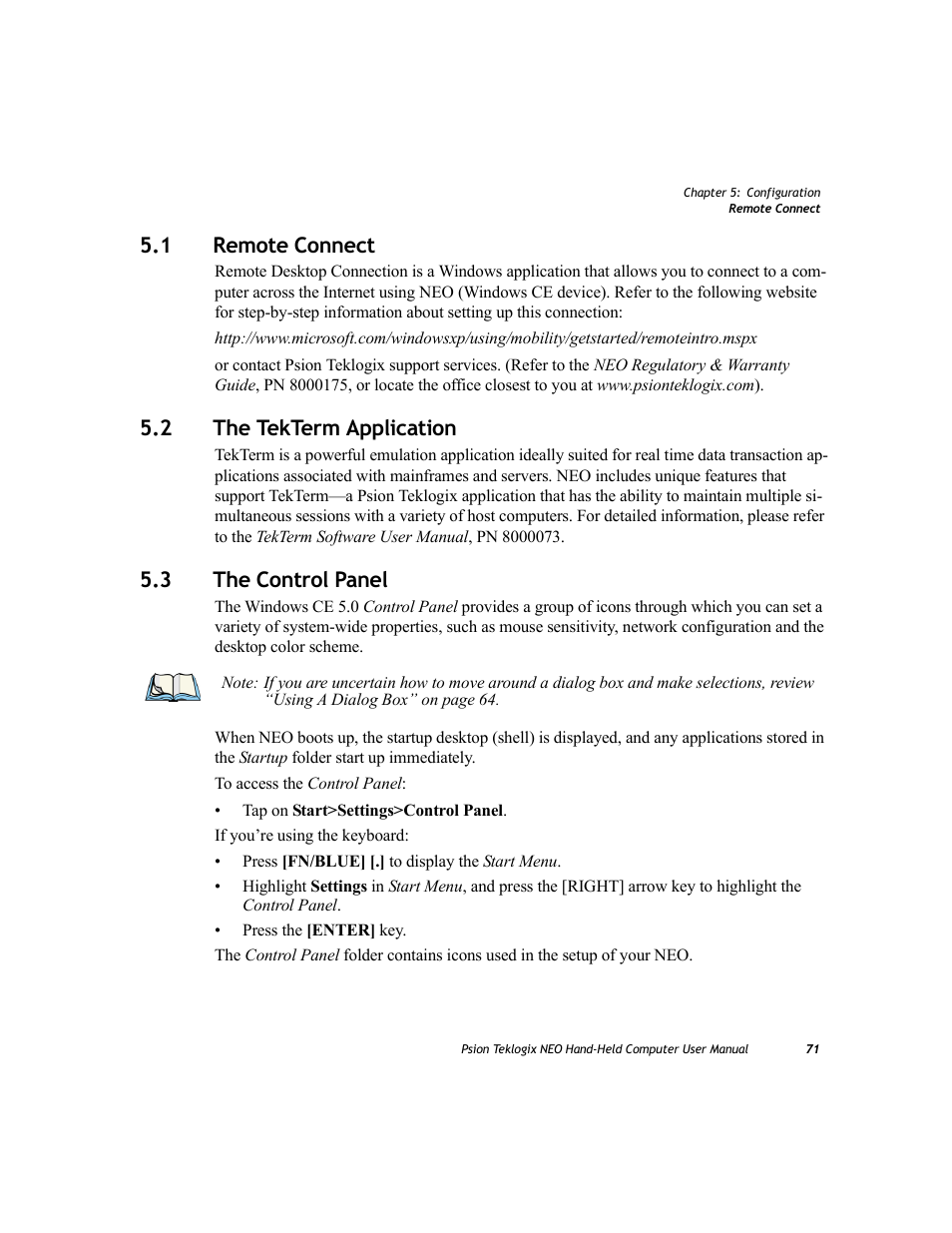 1 remote connect, 2 the tekterm application, 3 the control panel | Remote connect, The tekterm application, The control panel | Psion Teklogix NEO PX750 User Manual | Page 83 / 238