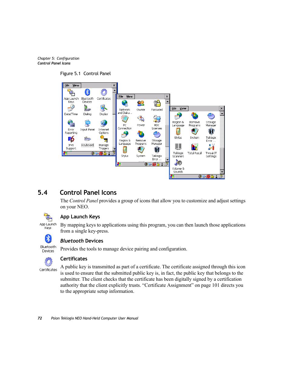 4 control panel icons, Control panel icons | Psion Teklogix NEO PX750 User Manual | Page 84 / 238