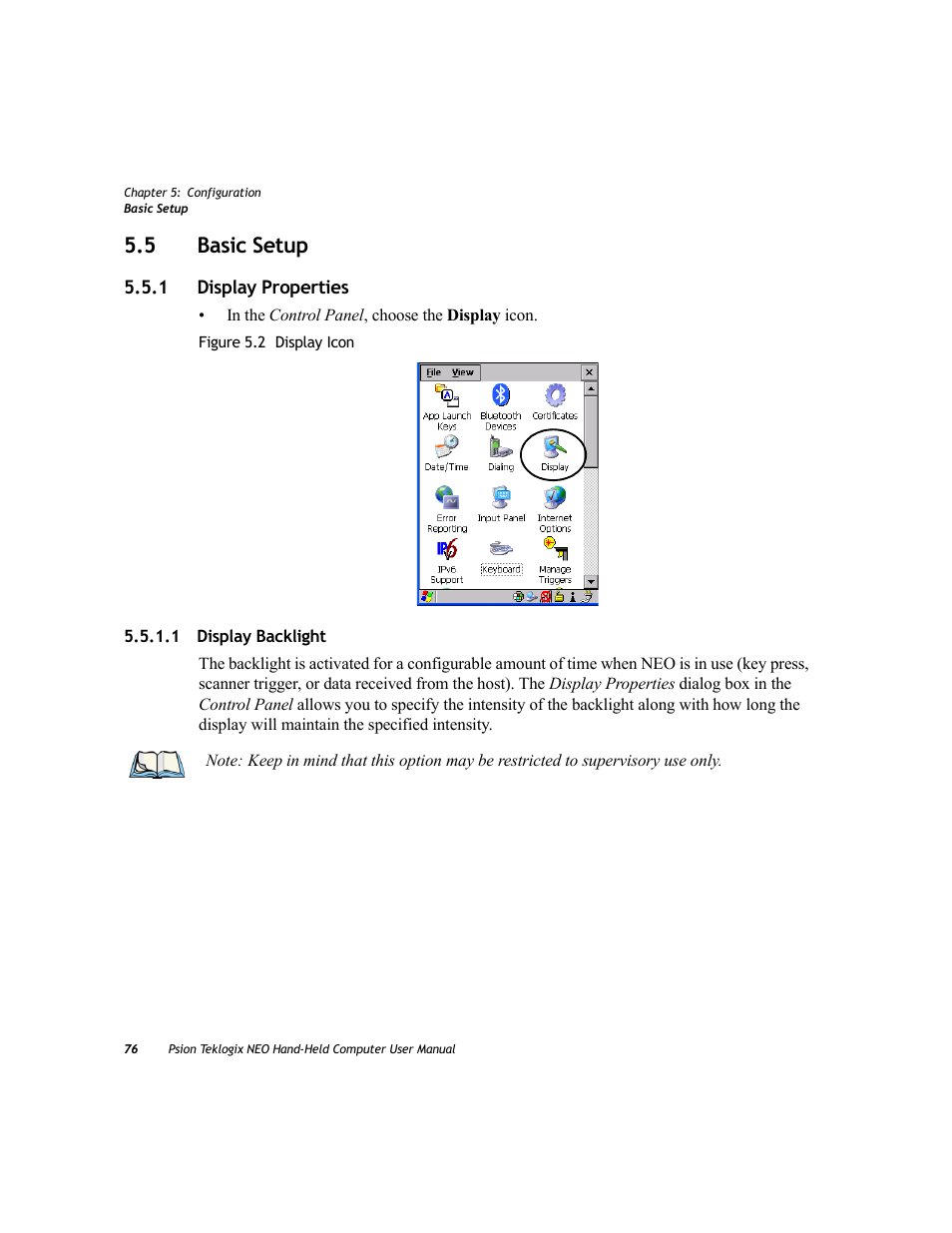 5 basic setup, 1 display properties, 1 display backlight | Basic setup 5.5.1, Display properties 5.5.1.1, Display backlight | Psion Teklogix NEO PX750 User Manual | Page 88 / 238