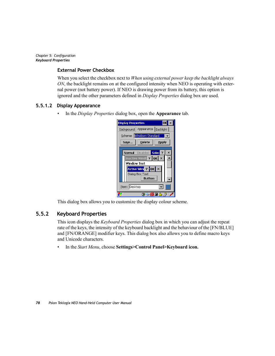 2 display appearance, 2 keyboard properties, Display appearance | Keyboard properties | Psion Teklogix NEO PX750 User Manual | Page 90 / 238