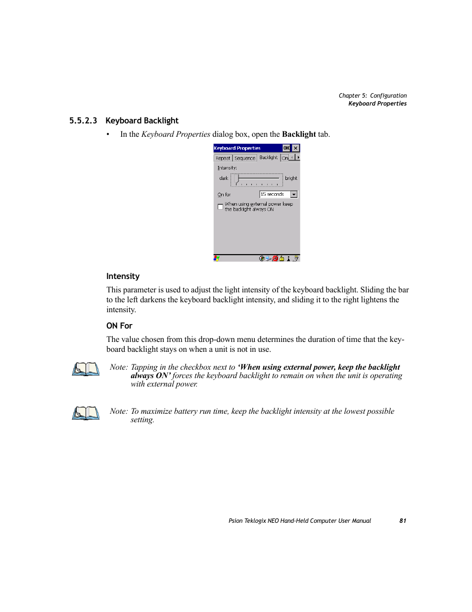 3 keyboard backlight, Keyboard backlight | Psion Teklogix NEO PX750 User Manual | Page 93 / 238