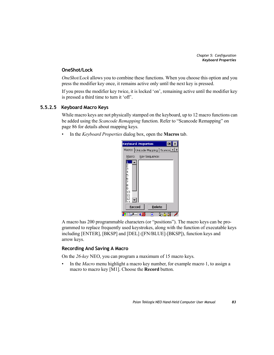 5 keyboard macro keys, Keyboard macro keys | Psion Teklogix NEO PX750 User Manual | Page 95 / 238