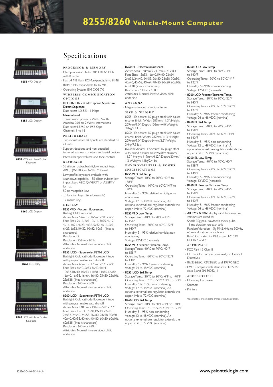 Specifications, Vehicle-mount computer | Psion Teklogix Vehicle-Mount Computer 8260 User Manual | Page 2 / 2