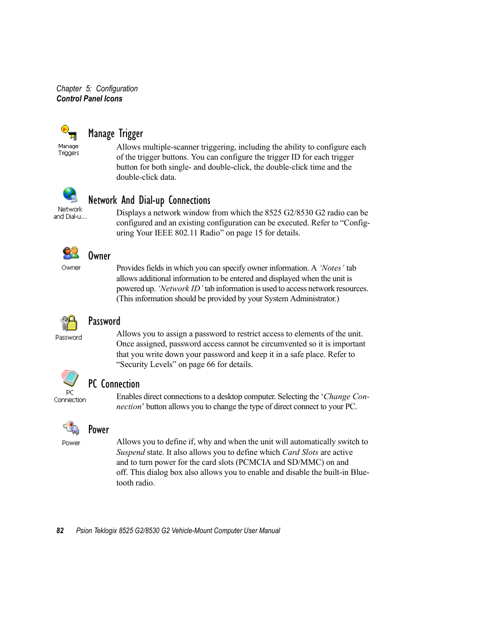 Manage trigger, Network and dial-up connections, Owner | Password, Pc connection, Power | Psion Teklogix Vehicle-Mount Computer 8525 G2 User Manual | Page 106 / 230