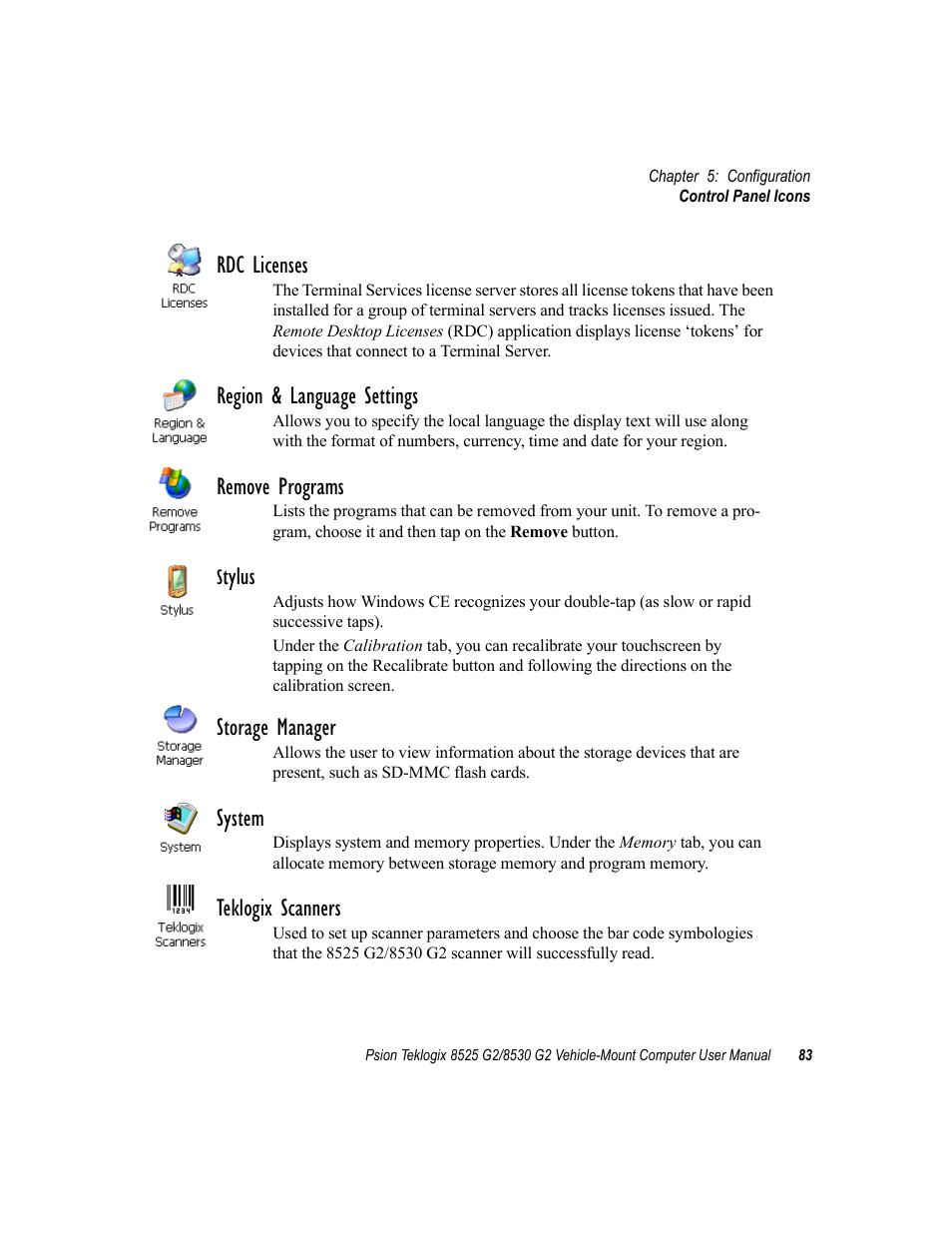 Rdc licenses, Region & language settings, Remove programs | Tylus, Storage manager, System, Teklogix scanners | Psion Teklogix Vehicle-Mount Computer 8525 G2 User Manual | Page 107 / 230