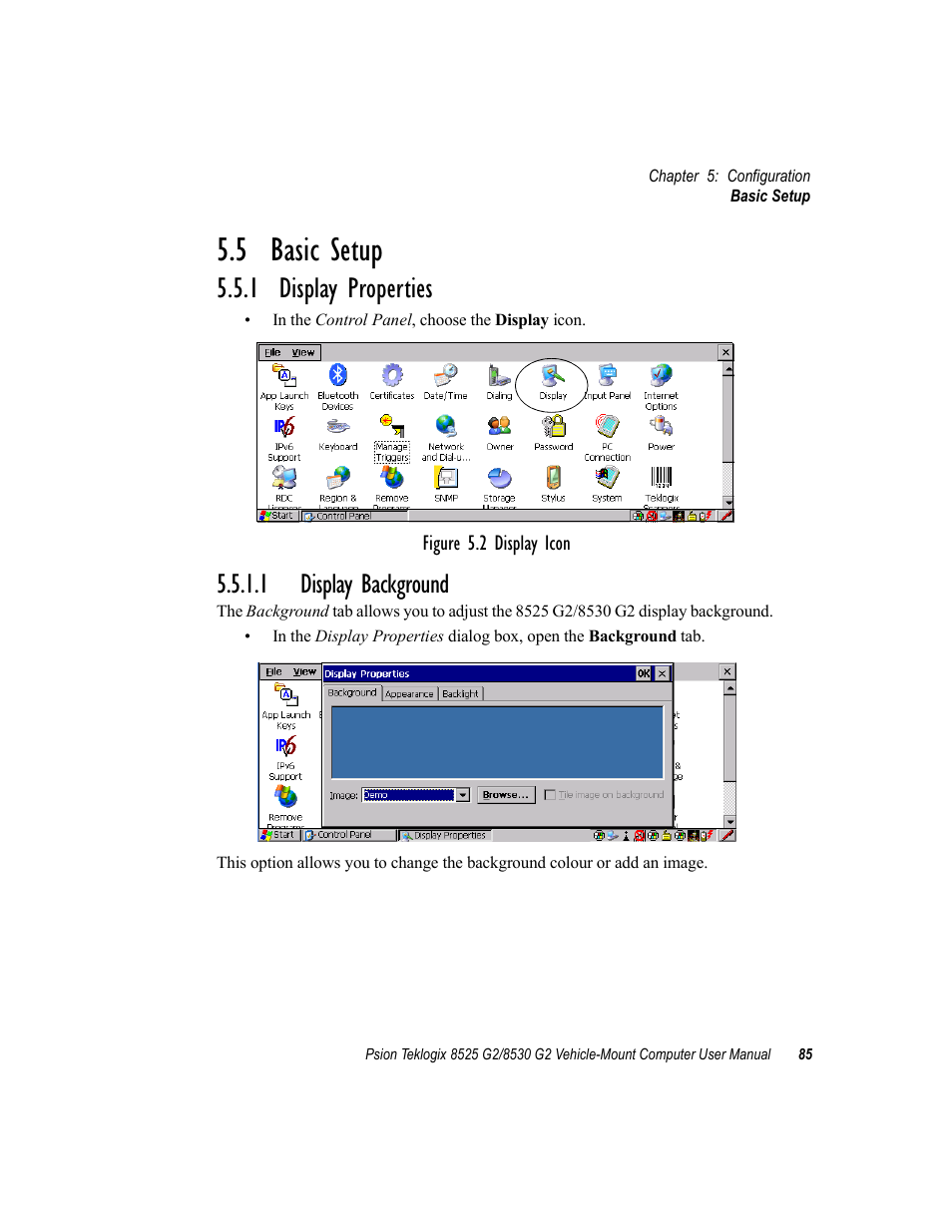 5 basic setup, 1 display properties, 1 display background | Psion Teklogix Vehicle-Mount Computer 8525 G2 User Manual | Page 109 / 230