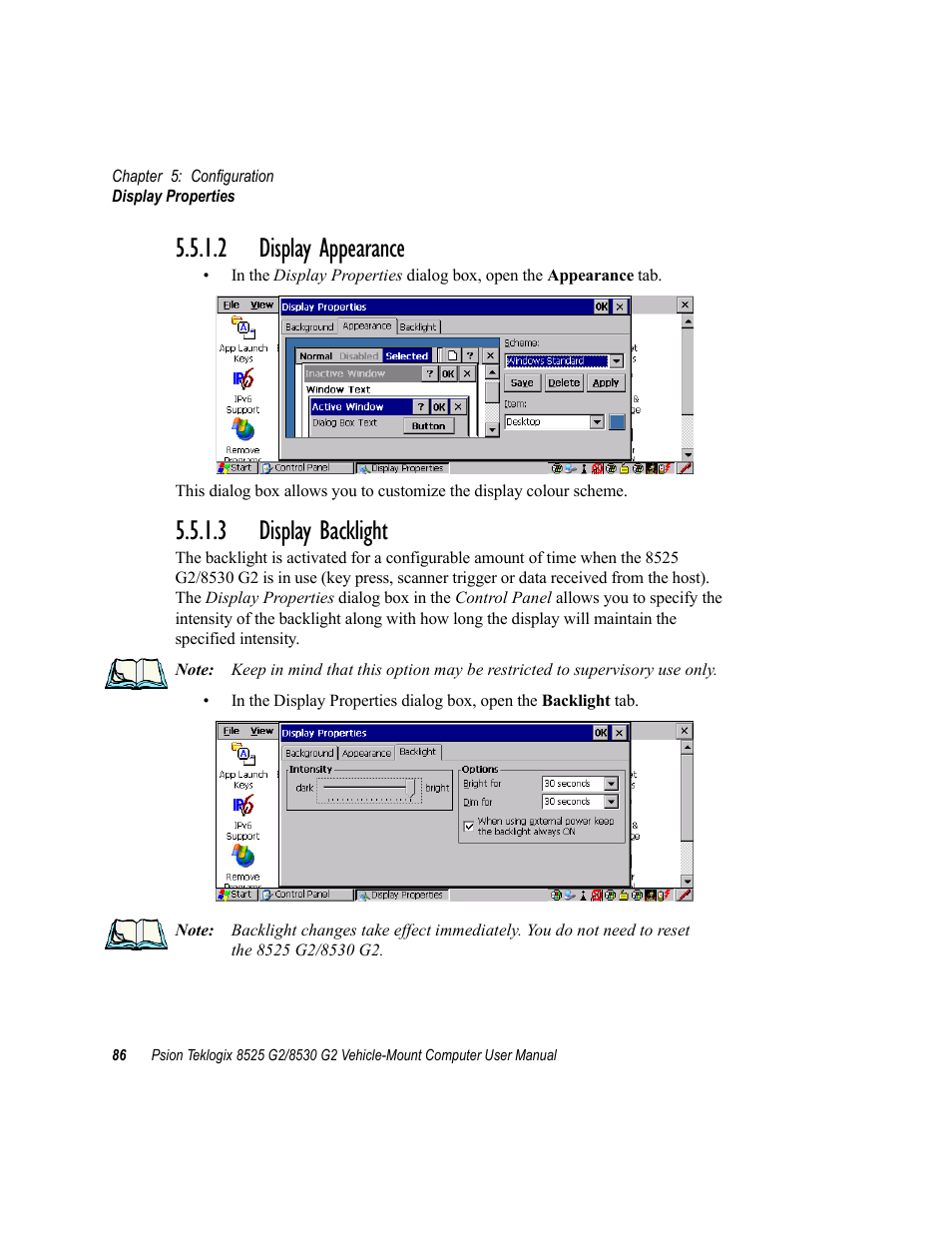 2 display appearance, 3 display backlight, 2 display appearance 5.5.1.3 display backlight | Psion Teklogix Vehicle-Mount Computer 8525 G2 User Manual | Page 110 / 230