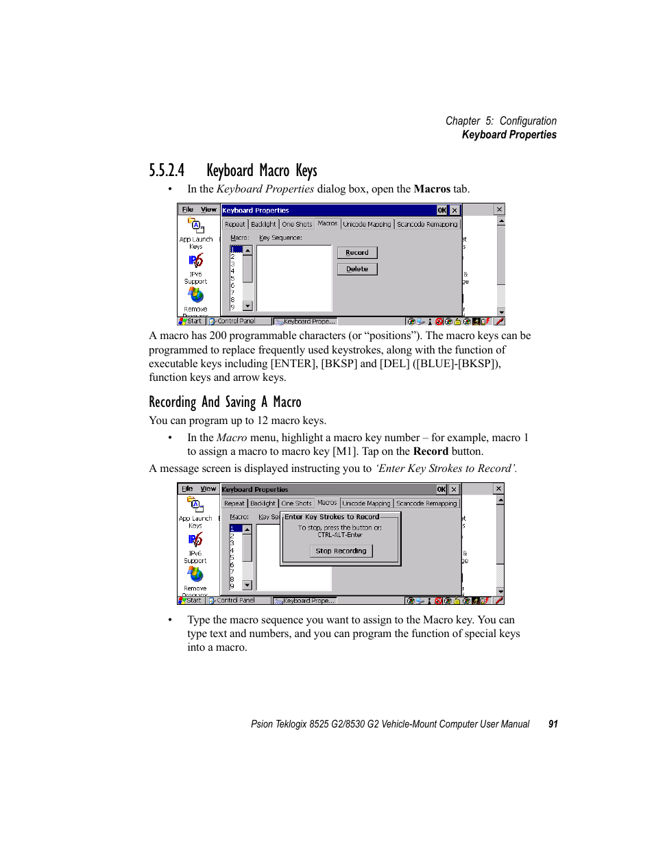 4 keyboard macro keys, Recording and saving a macro | Psion Teklogix Vehicle-Mount Computer 8525 G2 User Manual | Page 115 / 230