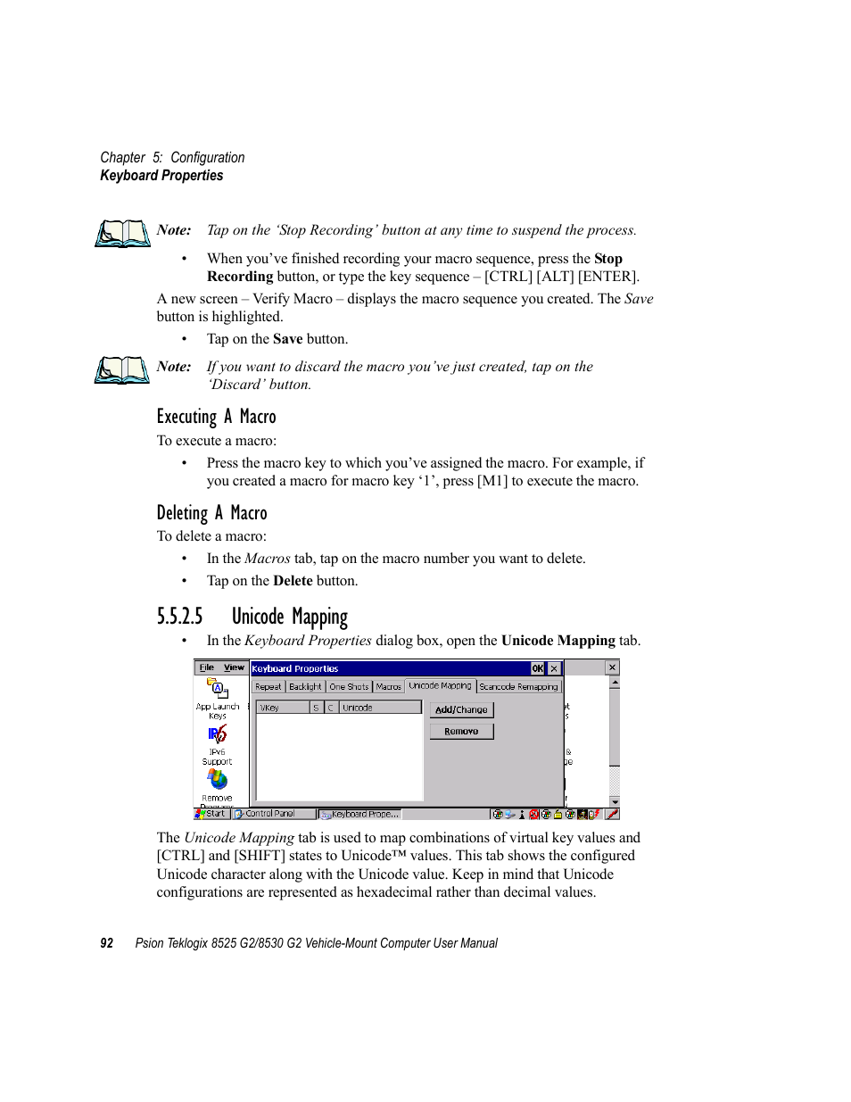 5 unicode mapping, Executing a macro, Deleting a macro | Psion Teklogix Vehicle-Mount Computer 8525 G2 User Manual | Page 116 / 230