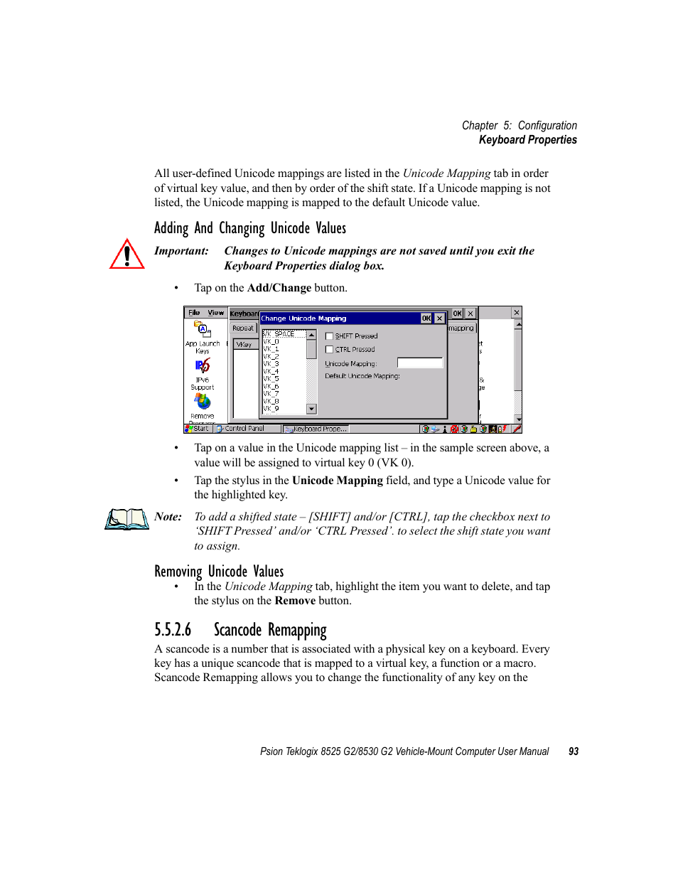 6 scancode remapping, Adding and changing unicode values, Removing unicode values | Psion Teklogix Vehicle-Mount Computer 8525 G2 User Manual | Page 117 / 230